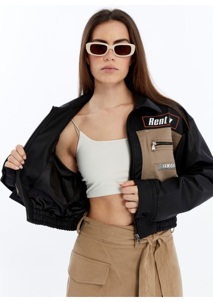 Kadın Oversize Kot Ceket Kolları Deri Garnili Motorcu Montu Baskılı Yarışçı Kolej Bomber Ceket fırsatları