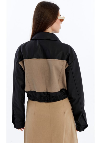 Kadın Oversize Kot Ceket Kolları Deri Garnili Motorcu Montu Baskılı Yarışçı Kolej Bomber Ceket