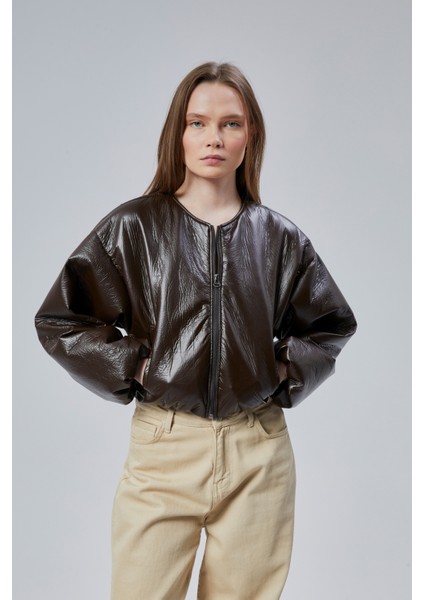 Kadın Puf Elastik Kenarlı Yumuşak Bomber Ceket Bisiklet Yaka Uzun Kollu Önü Fermuarlı Mont modelleri