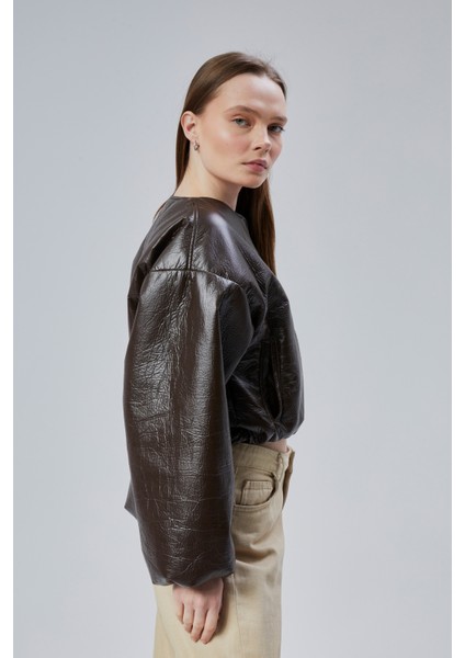 Kadın Puf Elastik Kenarlı Yumuşak Bomber Ceket Bisiklet Yaka Uzun Kollu Önü Fermuarlı Mont