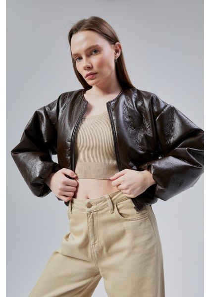 Kadın Puf Elastik Kenarlı Yumuşak Bomber Ceket Bisiklet Yaka Uzun Kollu Önü Fermuarlı Mont