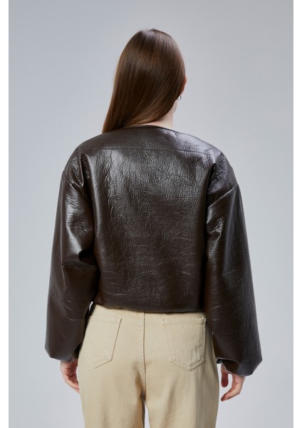 Kadın Puf Elastik Kenarlı Yumuşak Bomber Ceket Bisiklet Yaka Uzun Kollu Önü Fermuarlı Mont