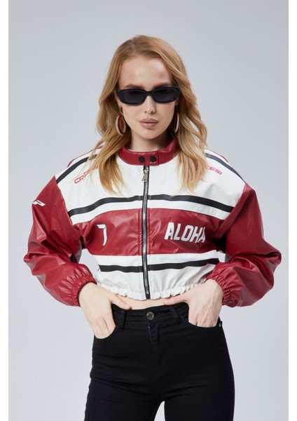 Kadın Deri Baskılı Şeritli Ceket Beli ve Kolu Lastikli Kolej Hakim Yaka Bomber Yarışçı Motorcu Mont