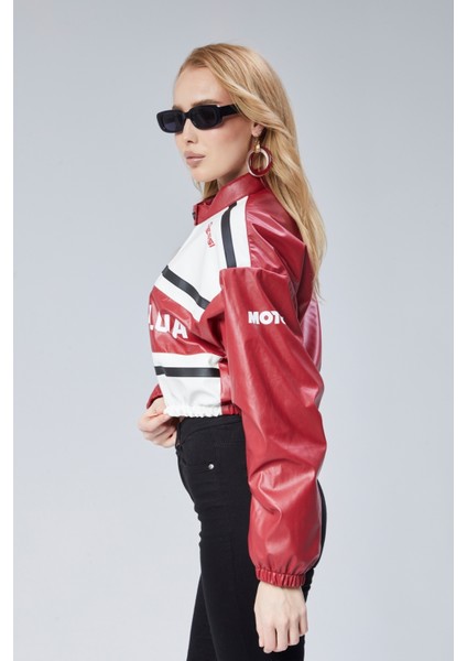 Kadın Deri Baskılı Şeritli Ceket Beli ve Kolu Lastikli Kolej Hakim Yaka Bomber Yarışçı Motorcu Mont fiyatları