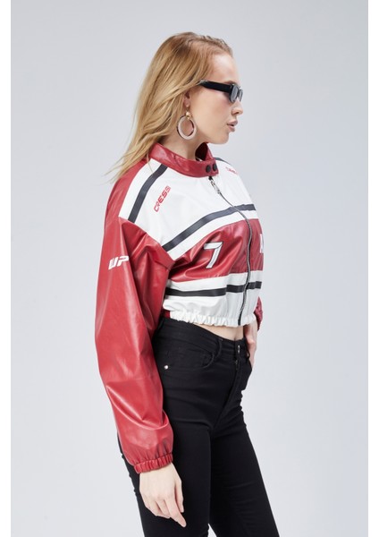 Kadın Deri Baskılı Şeritli Ceket Beli ve Kolu Lastikli Kolej Hakim Yaka Bomber Yarışçı Motorcu Mont modelleri