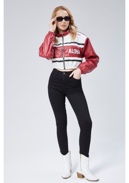 Kadın Deri Baskılı Şeritli Ceket Beli ve Kolu Lastikli Kolej Hakim Yaka Bomber Yarışçı Motorcu Mont fırsatları