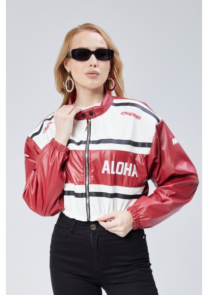 Kadın Deri Baskılı Şeritli Ceket Beli ve Kolu Lastikli Kolej Hakim Yaka Bomber Yarışçı Motorcu Mont indirimleri