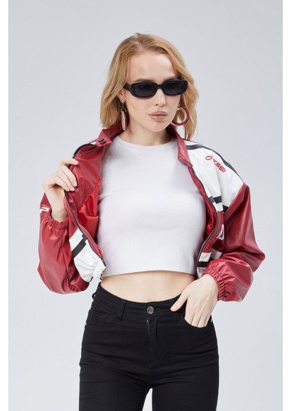 Kadın Deri Baskılı Şeritli Ceket Beli ve Kolu Lastikli Kolej Hakim Yaka Bomber Yarışçı Motorcu Mont