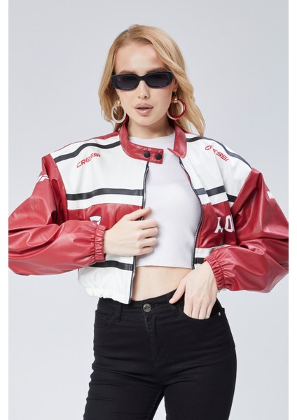 Kadın Deri Baskılı Şeritli Ceket Beli ve Kolu Lastikli Kolej Hakim Yaka Bomber Yarışçı Motorcu Mont