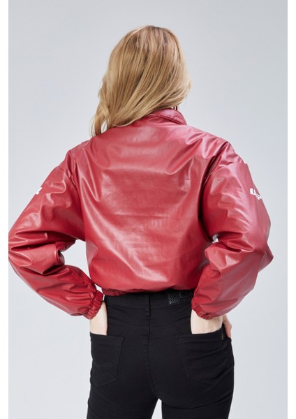 Kadın Deri Baskılı Şeritli Ceket Beli ve Kolu Lastikli Kolej Hakim Yaka Bomber Yarışçı Motorcu Mont