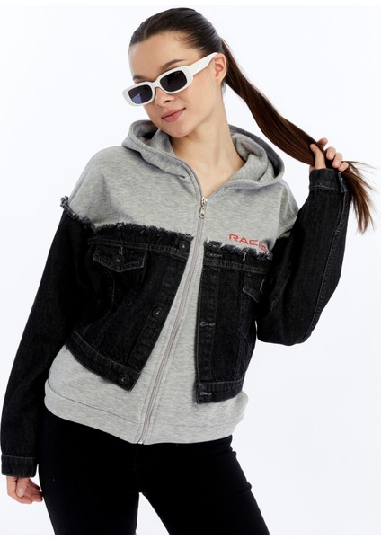 Kadın Oversize Penye ve Kot Garnili Ceket Fermuarlı Kolej Mont Baskılı Günlük Kullanım Kot Ceket