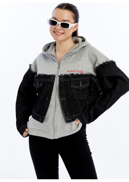 Kadın Oversize Penye ve Kot Garnili Ceket Fermuarlı Kolej Mont Baskılı Günlük Kullanım Kot Ceket fiyatları