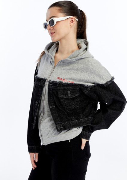 Kadın Oversize Penye ve Kot Garnili Ceket Fermuarlı Kolej Mont Baskılı Günlük Kullanım Kot Ceket modelleri