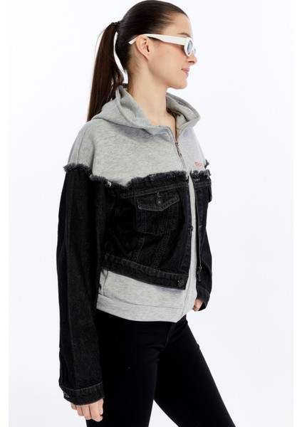 Kadın Oversize Penye ve Kot Garnili Ceket Fermuarlı Kolej Mont Baskılı Günlük Kullanım Kot Ceket fırsatları