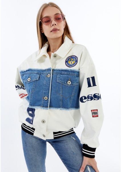 Kadın Oversize Deri ve Kot Birleşimi Baskılı Kolej Mont Ribanalı Bomber Ceket Motorcu Yarışçı Mont