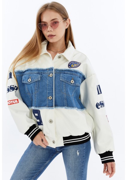 Kadın Oversize Deri ve Kot Birleşimi Baskılı Kolej Mont Ribanalı Bomber Ceket Motorcu Yarışçı Mont fiyatları