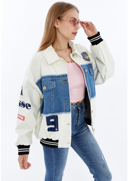 Kadın Oversize Deri ve Kot Birleşimi Baskılı Kolej Mont Ribanalı Bomber Ceket Motorcu Yarışçı Mont modelleri