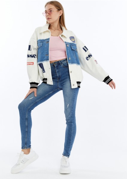 Kadın Oversize Deri ve Kot Birleşimi Baskılı Kolej Mont Ribanalı Bomber Ceket Motorcu Yarışçı Mont fırsatları