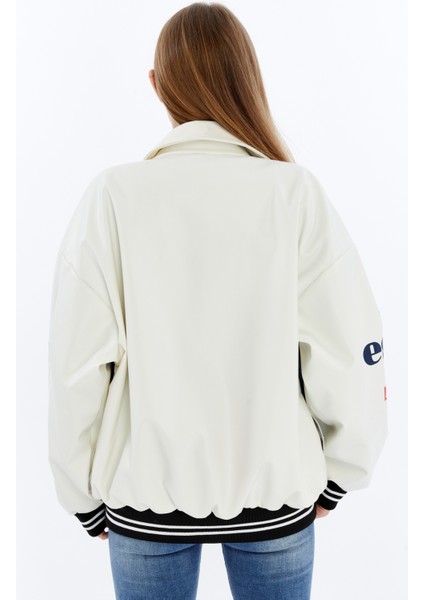 Kadın Oversize Deri ve Kot Birleşimi Baskılı Kolej Mont Ribanalı Bomber Ceket Motorcu Yarışçı Mont