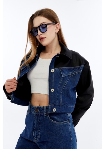 Kadın Oversize Kot Ceket Kolları Deri Garnili Motorcu Montu Günlük Kullanım Yarışçı Kolej Ceket