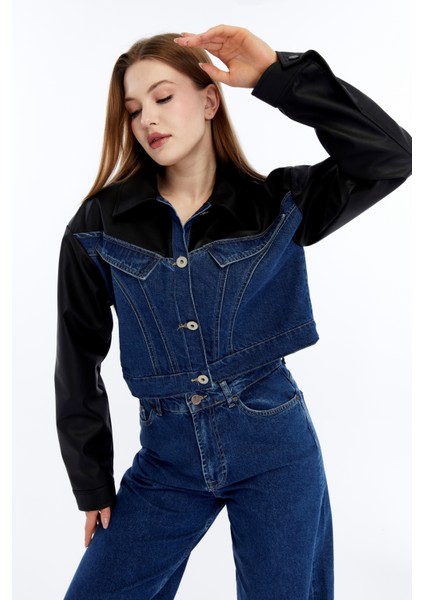 Kadın Oversize Kot Ceket Kolları Deri Garnili Motorcu Montu Günlük Kullanım Yarışçı Kolej Ceket modelleri