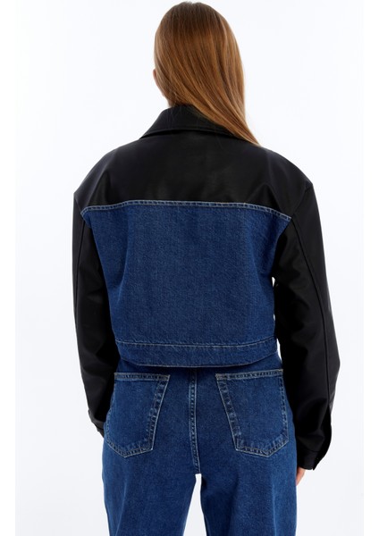 Kadın Oversize Kot Ceket Kolları Deri Garnili Motorcu Montu Günlük Kullanım Yarışçı Kolej Ceket