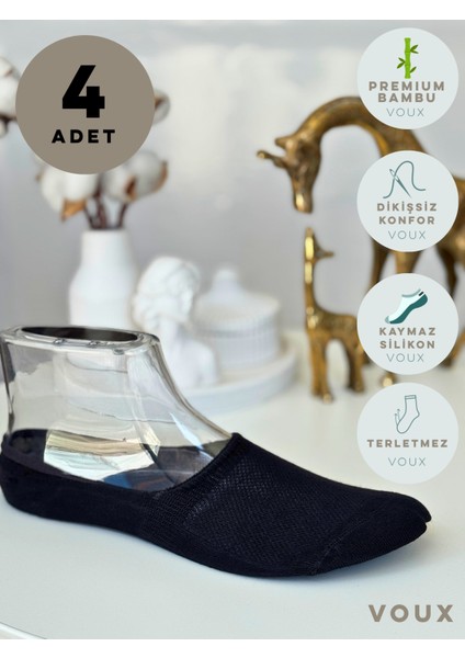 Bambu Silikonlu Siyah Kadın Babet Çorap 4 'lü