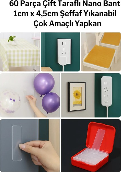 3 Adet - 60 Parça Çok Amaçlı Çift Taraflı Bant 1cm x 4,5cm Şeffaf Yıkanabilir Çok Amaçlı Yapışkan