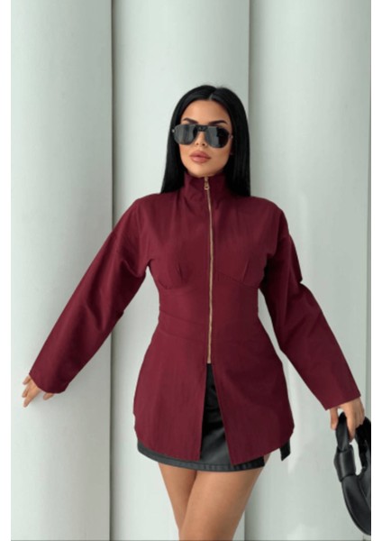 Kadın V Yaka Fermuarlı Gömlek