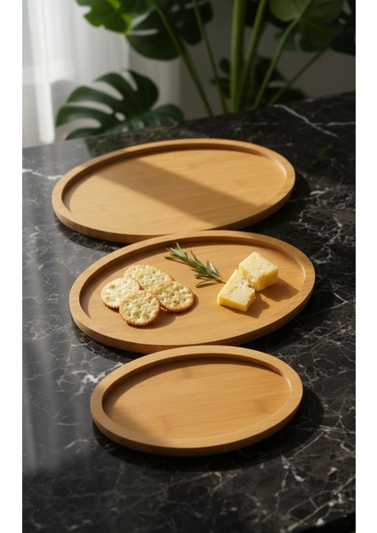 3 Lü Set Ahşap Kahvaltılık Yuvarlak Tepsi Çok Amaçlı Sunum Tahtası