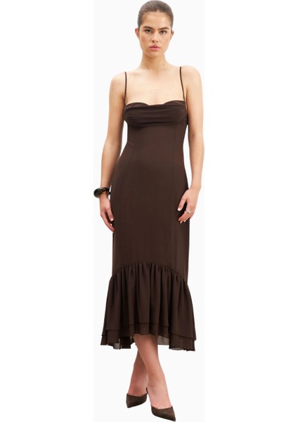 Chiffon Ruffle Ruched Bust Midi Dress Cowl Neck Midi Kadın Elbise