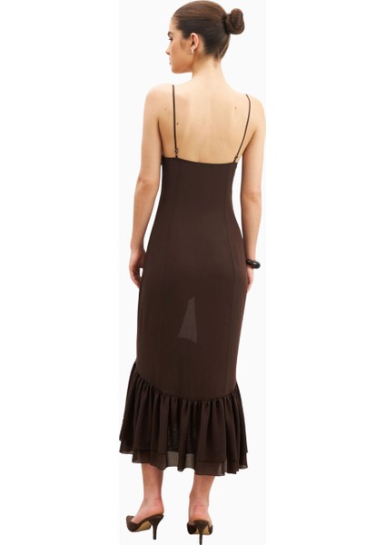 Chiffon Ruffle Ruched Bust Midi Dress Cowl Neck Midi Kadın Elbise fiyatları