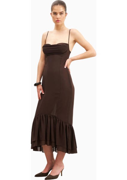 Chiffon Ruffle Ruched Bust Midi Dress Cowl Neck Midi Kadın Elbise modelleri