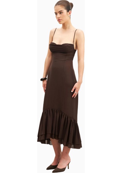 Chiffon Ruffle Ruched Bust Midi Dress Cowl Neck Midi Kadın Elbise fırsatları