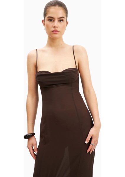 Chiffon Ruffle Ruched Bust Midi Dress Cowl Neck Midi Kadın Elbise indirimleri