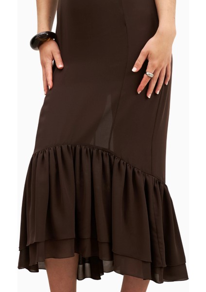 Chiffon Ruffle Ruched Bust Midi Dress Cowl Neck Midi Kadın Elbise