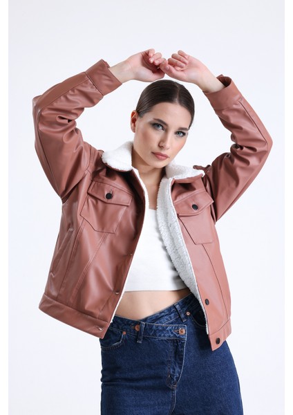 Kadın Deri Içi Kürklü Peluş Mont Oversize Pudra Rengi Kürklü Mont Düğmeli