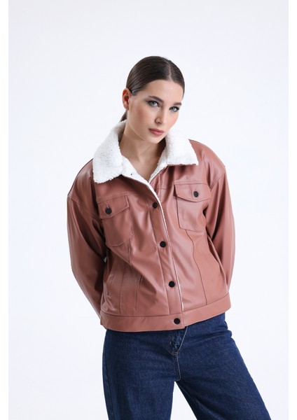 Kadın Deri Içi Kürklü Peluş Mont Oversize Pudra Rengi Kürklü Mont Düğmeli fiyatları