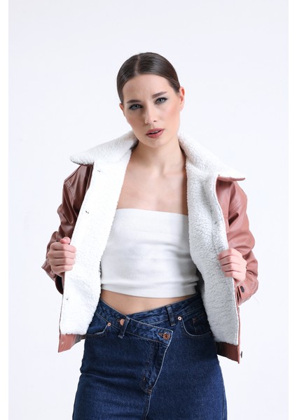 Kadın Deri Içi Kürklü Peluş Mont Oversize Pudra Rengi Kürklü Mont Düğmeli fırsatları