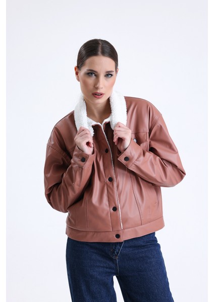 Kadın Deri Içi Kürklü Peluş Mont Oversize Pudra Rengi Kürklü Mont Düğmeli indirimleri