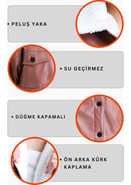 Kadın Deri Içi Kürklü Peluş Mont Oversize Pudra Rengi Kürklü Mont Düğmeli