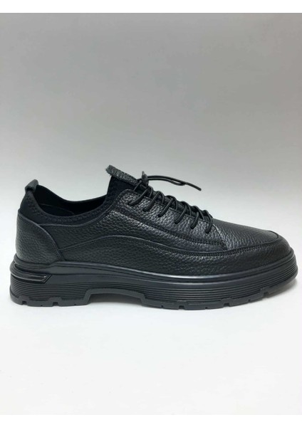 Hakiki Deri Siyah Bağcıksız Rahat Esnek Kauçuk Tabanlı Kışlık Erkek Ayakkabı C-3525002351