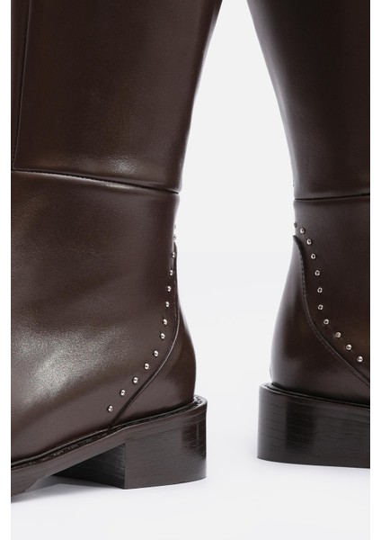 Bestyle Rider Series Uzun Acı Kahve Gerçek Deri Fermuarlı Baldır Lastikli Çizme