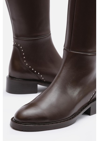 Bestyle Rider Series Uzun Acı Kahve Gerçek Deri Fermuarlı Baldır Lastikli Çizme