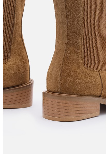 Bestyle Ados Kadın Taba Süet %100 Gerçek Süet Deri Lastikli Bot