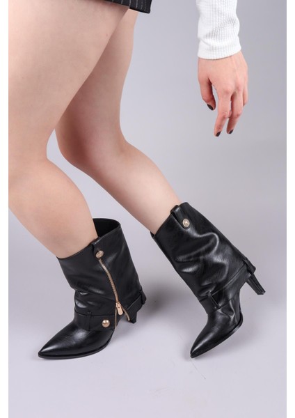 Junın Kat Görünümlü Fermuar Aksesuarlı Yarım Çizme Siyah modelleri