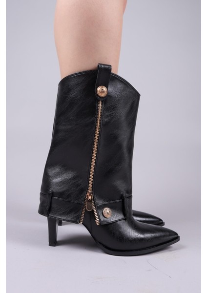 Junın Kat Görünümlü Fermuar Aksesuarlı Yarım Çizme Siyah indirimleri