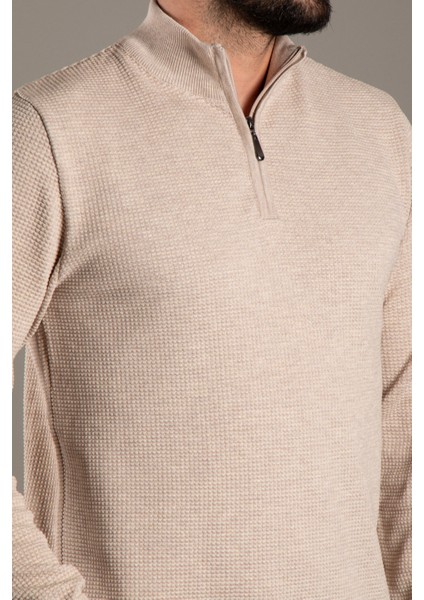 Erkek Bej Dokulu Dik Yaka Fermuarlı Triko fiyatları