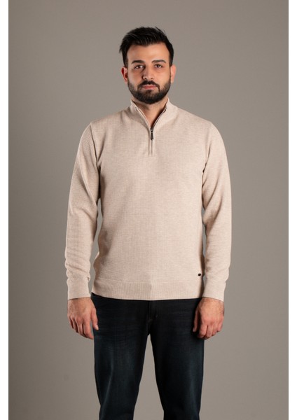 Erkek Bej Dokulu Dik Yaka Fermuarlı Triko fırsatları