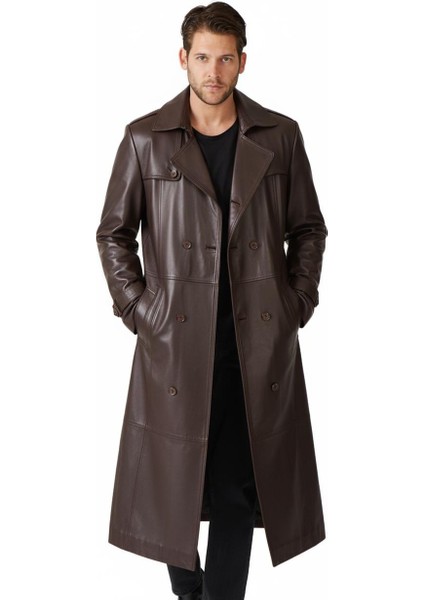 Kahverengi Matrix Hakiki Deri Kruvaze Düğme Kapamalı Yırtmaçlı Astarlı Kemerli Trençkot Erkek Kaban